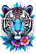 realistic neutral tiger face with flowers surrounding, leaves, dots and lines in blue, violet, pink colour tattoo design idea
