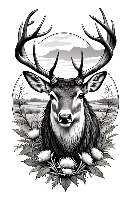 stag, thistle, and countryside scene tattoo design idea