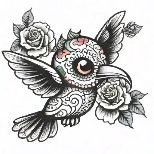 sugar skull humming bird tattoo design idea