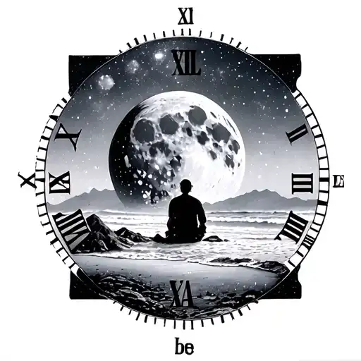 3d,moon or a planet inside a watch dial, words let it be, beach, mountain, lost man sitting watching stars, family tattoo design idea