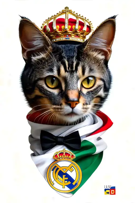 madrid Cibeles fountain of with Real Madrid flag wrapped around her neck then add a face pic of tuxedo cat under  tattoo design idea