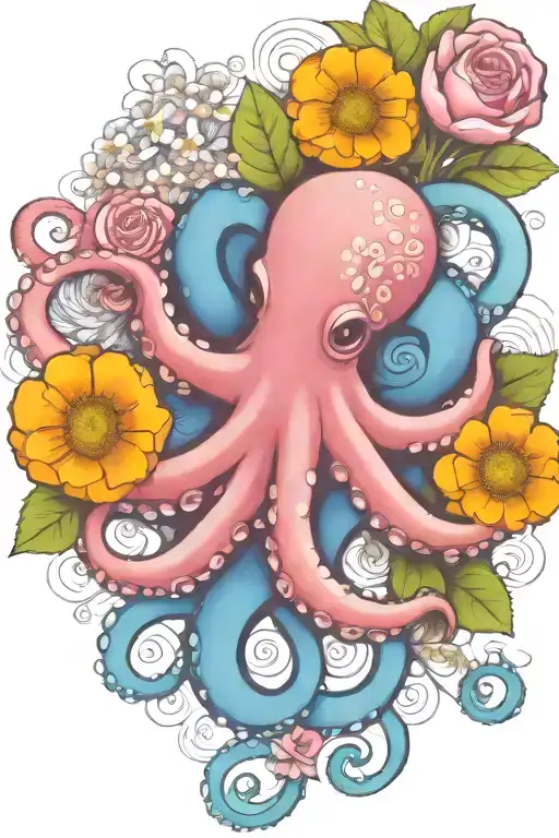 octopus, white flower  snowdrop, rose,  marigold flower tattoo design idea
