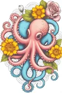 octopus, white flower  snowdrop, rose,  marigold flower tattoo design idea