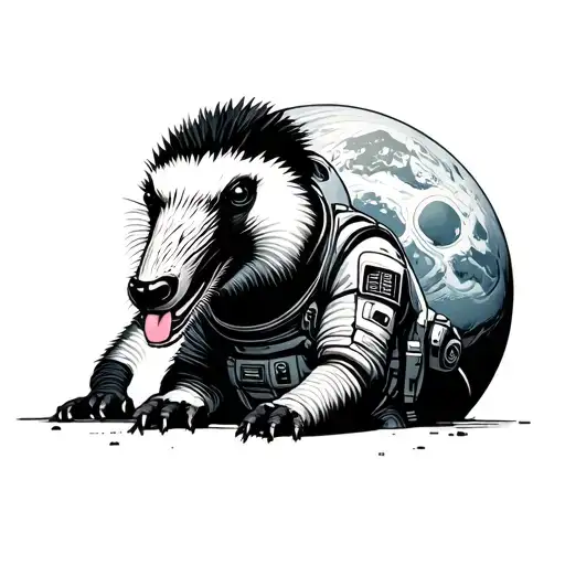 giant anteater in a space suit with a tounge licking a planet tattoo design idea