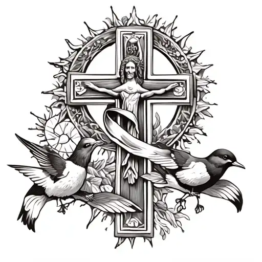 Jesus cross with cancer ribbon wrapped loosely birds and sun around it  tattoo design idea