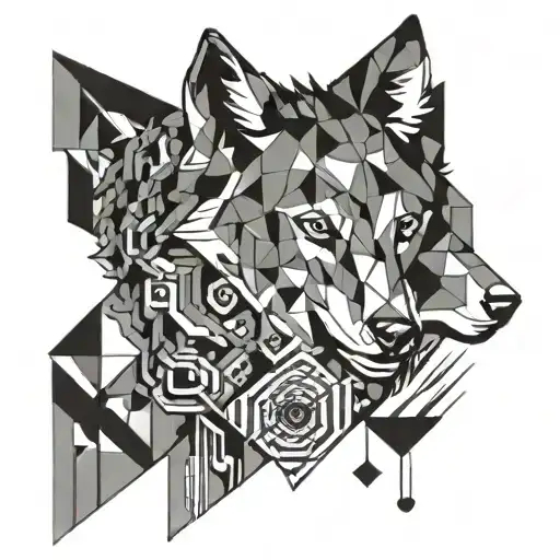A geometric pattern of interlocking wolf silhouettes representing the client's love for wolves, with hidden gaming icons and musical instruments integrated throughout the design tattoo design idea