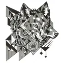 A geometric pattern of interlocking wolf silhouettes representing the client's love for wolves, with hidden gaming icons and musical instruments integrated throughout the design tattoo design idea