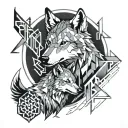 A geometric pattern of interlocking wolf silhouettes representing the client's love for wolves, with hidden gaming icons and musical instruments integrated throughout the design tattoo design idea