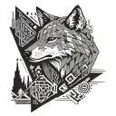 A geometric pattern of interlocking wolf silhouettes representing the client's love for wolves, with hidden gaming icons and musical instruments integrated throughout the design tattoo design idea