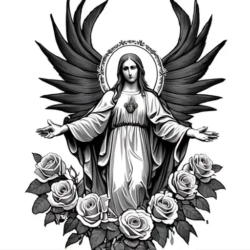 virgin Mary with open arms on bed of roses tattoo design idea