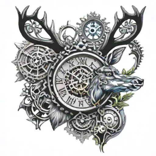 Steampunk deer watches blue black copper grey tattoo design idea
