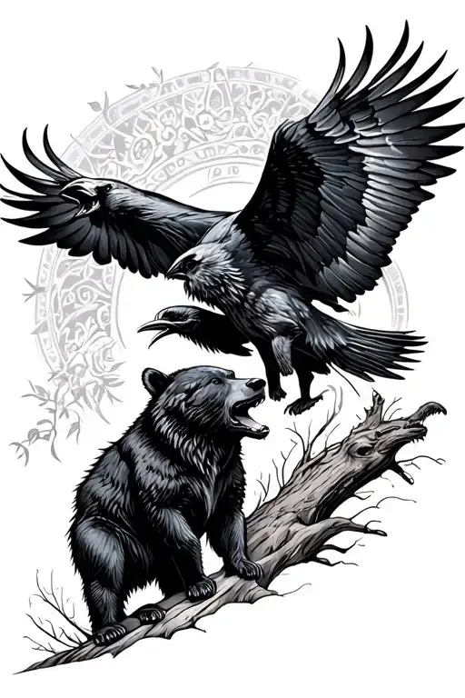 raven flying and wolf howling and bear standing tattoo design idea
