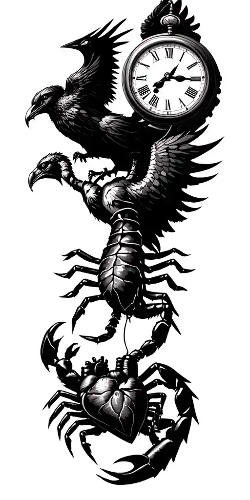 A clock above a phoenix, on the right a scorpion which plants its stinger in an anatomical heart, on the left the reaper tattoo design idea