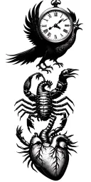 A clock above a phoenix, on the right a scorpion which plants its stinger in an anatomical heart, on the left the reaper tattoo design idea