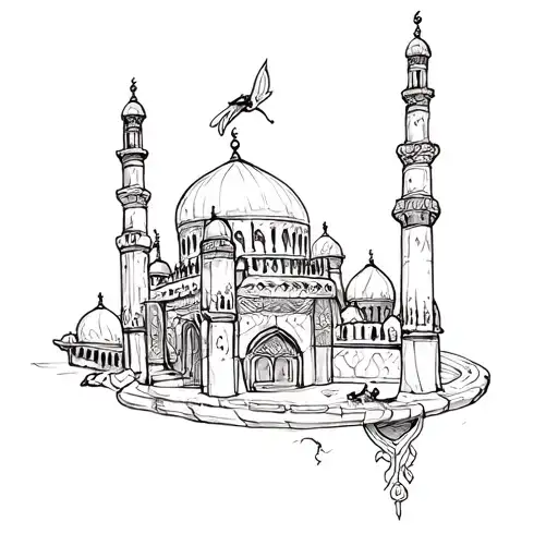 Dwarf flying Around a mosque tattoo design idea