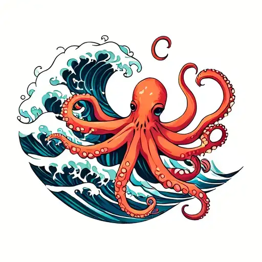 waves with octopus feminine  tattoo design idea