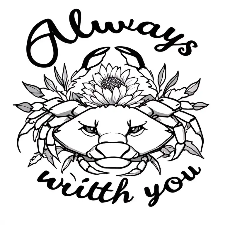 "Always with you" "Always with you" crab and the Leo lion with flower tattoo design idea