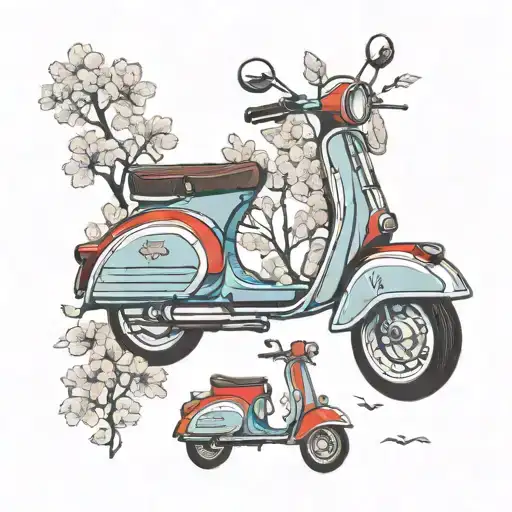 red Vespa; cherry blossom tree; blue suitcase; Canada; London tattoo design idea