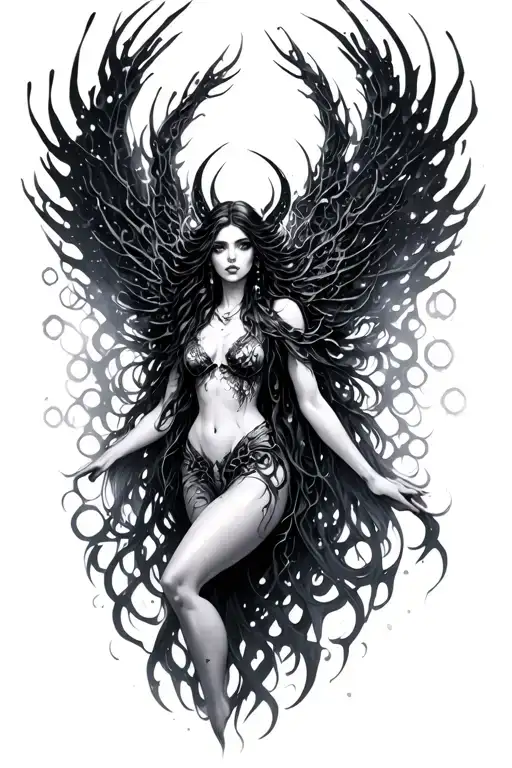 dark art achelois goddess surrounded by cyber sigilism tattoo design idea