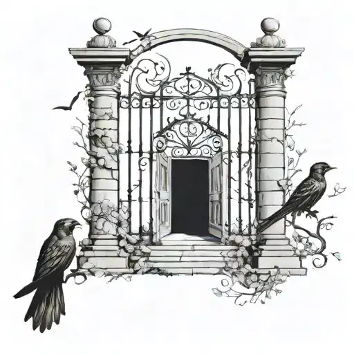 stair way to heaven gates with cross and birds   tattoo design idea