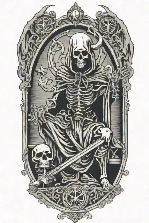 Tarot card, death. Represented as a hooded skeletal figure, posing like Baphomet tattoo design idea