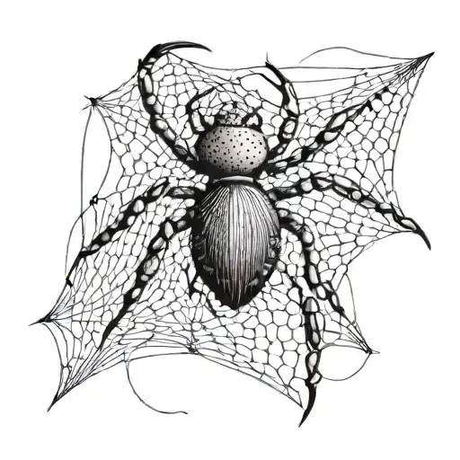 A detailed blackwork tattoo of a spider weaving a web in the shape of a fly fishing rod tattoo design idea