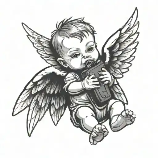 baby angle with wings holding a Glock  tattoo design idea