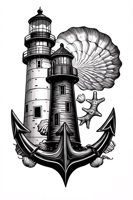 lighthouse with anchor and seashells incorporated tattoo design idea