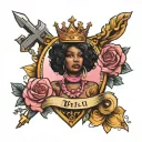 Black woman, crown, staff, shield, cross, breast cancer ribbon  tattoo design idea