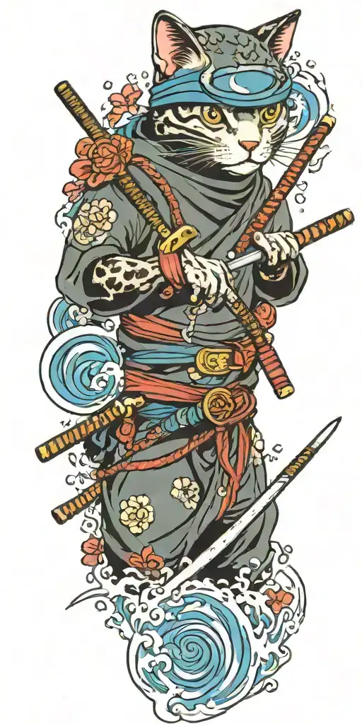 ninja cat holding katana, helmet, water, waves, lotus, sakura, clouds, whirlpool, leaves tattoo design idea