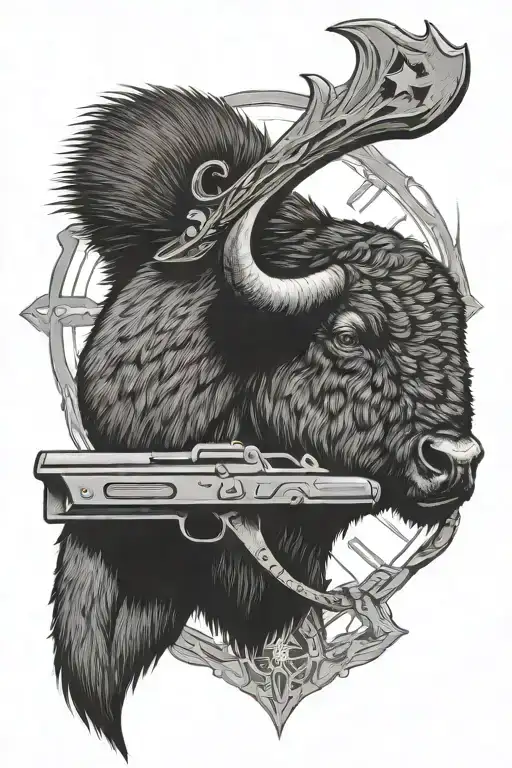 Bison head and Infantry cross rifle crossed tattoo design idea