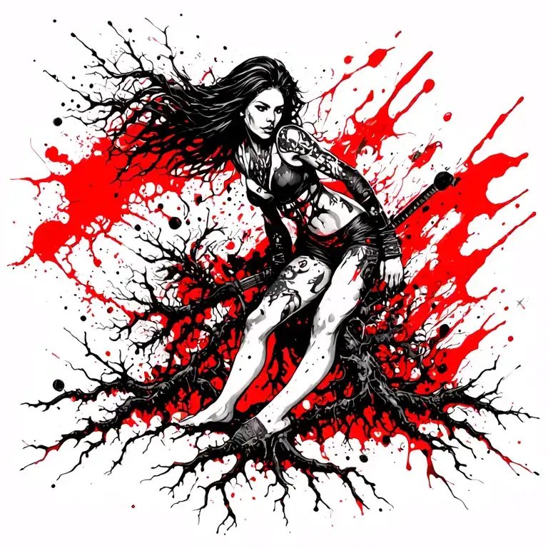 woman warrior with legs turning to roots reaching deep tattoo design idea