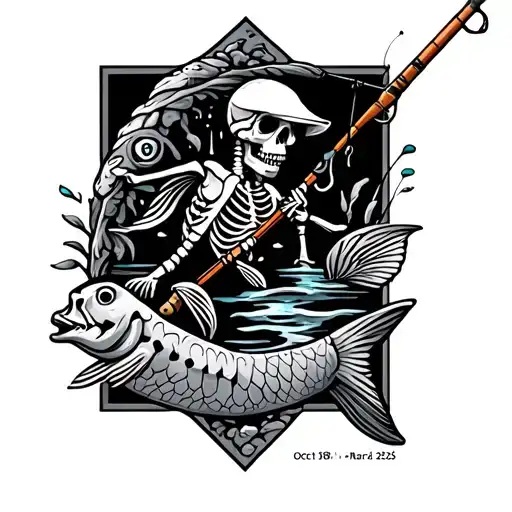 Gone fishing tattoo with a fishing pole and skeleton fish that says Oct 21st 1958- March 23rd 2025 tattoo design idea