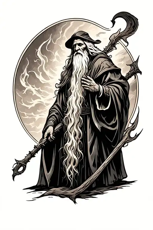 Gandalf, balrog, black and grey tattoo design idea