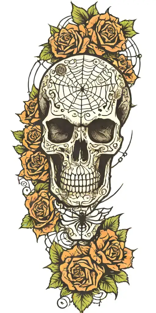 skull, roses, spider and web tattoo design idea