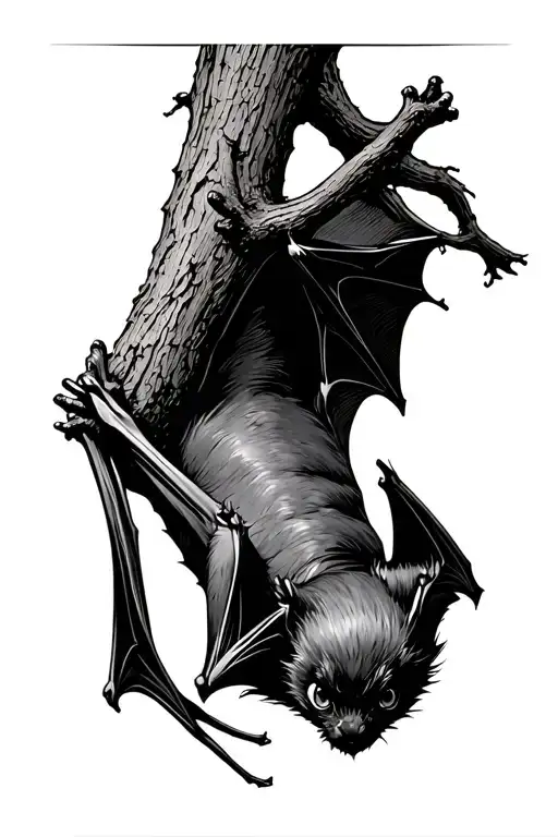 A bat hanging upside down from a branch with its wings closed. tattoo design idea