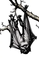 A bat hanging upside down from a branch with its wings closed. tattoo design idea