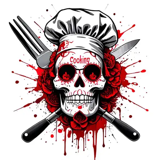 "Cooking to death" de los muertos chef sugar skull style tattoo with chef's knife and carving fork tattoo design idea