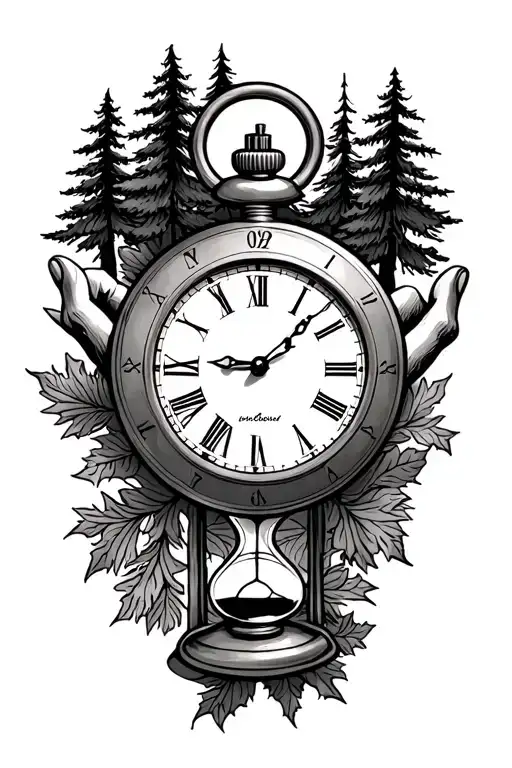 arm tattoo pocketwatch with arms pointed to the 10 and 11, plus an hourglass and pine trees tattoo design idea