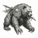 I would like a tattoo design inspired by the warrior from Berserk, featuring a bear with a human skull as its head.  tattoo design idea