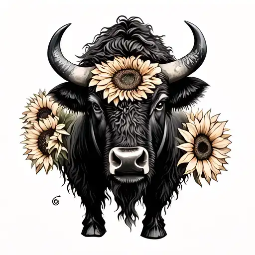 bison with sunflowers bio mechanical calf tattoo tattoo design idea
