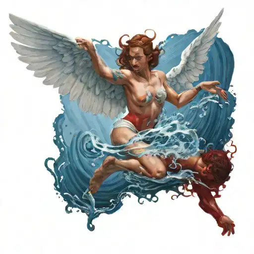 A female angel flying getting pulled down by  a red demon hand gripping an ankle coming out of a blue water ripple. Wing tattoo design idea