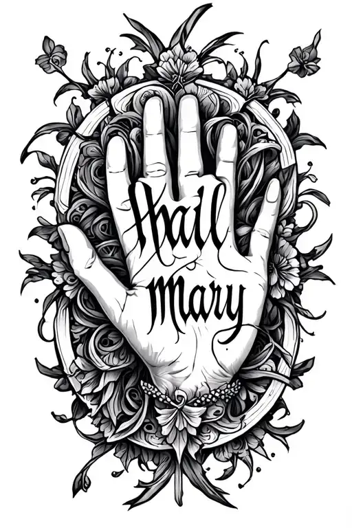 Lettering "hail mary" in gotic style with arabesques for for the back of the hand and forearm tattoo design idea