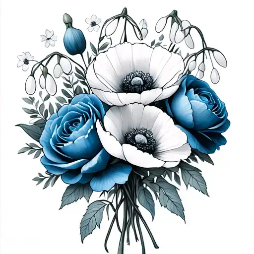 Bouquet with: poppies, snowdrops, blue roses, and peonies tattoo design idea