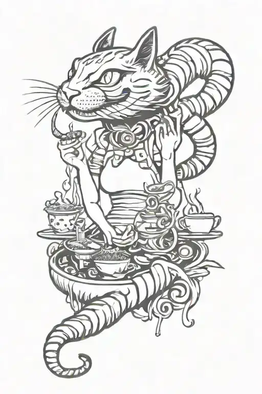 Alice in wonderland smoking a blunt that looks like a caterpillar riding the Cheshire cat in mad Max theme sternum piece tattoo design idea
