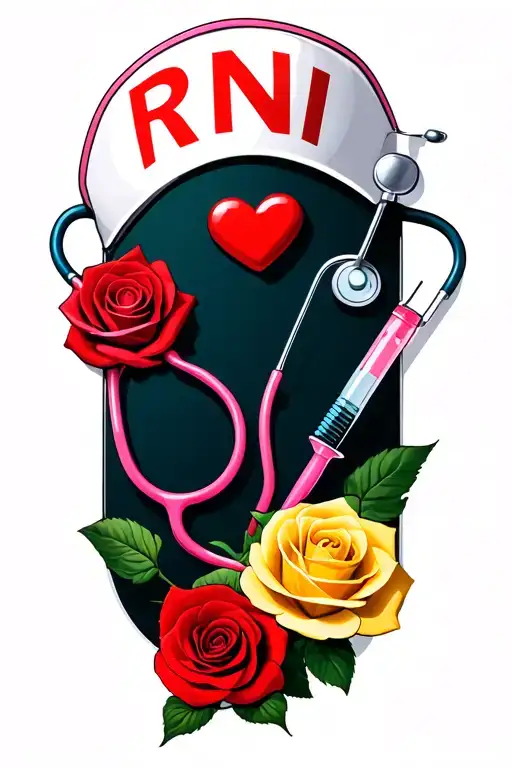 A white nurse hat with the letters RN in red, pink stethoscope, syringe, a red rose, yellow rose, pills, in realism tattoo design idea