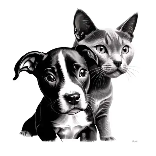 A Staffordshire Terrier puppy with cropped ears and a grey British Shorthair cat, side by side, with detail tattoo design idea