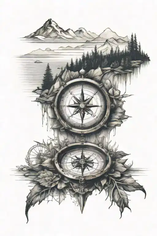 sea compass above mountains ad  a forestsed lake tattoo design idea