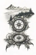 sea compass above mountains ad  a forestsed lake tattoo design idea