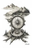 sea compass above mountains ad  a forestsed lake tattoo design idea
